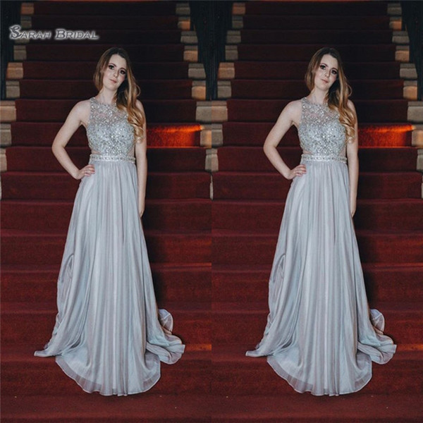 Simple A-line Jewel Prom Dress Chiffon Sweep Beads Sleevlese Vestidos De Novia Evening Party Gown