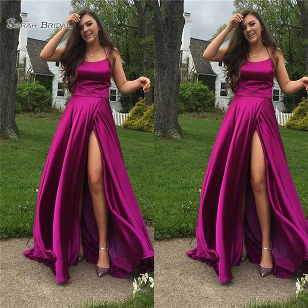 Simple Halter Aline Customed Prom Dress Sexy Split Satin Vestidos De Novia Evening Party Gown