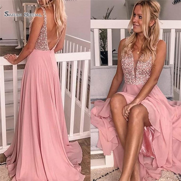 Romantic Pink Prom Dress Chiffon Sweep Beads V-neck and Backless Sleevlese Vestidos De Novia Evening Party Gown