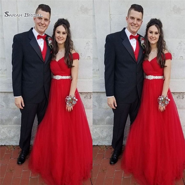 Red Off Shoulder Tulle Prom A-line Party Dress Sleeves Custom Made Vestidos De Novia Evening Party Gown