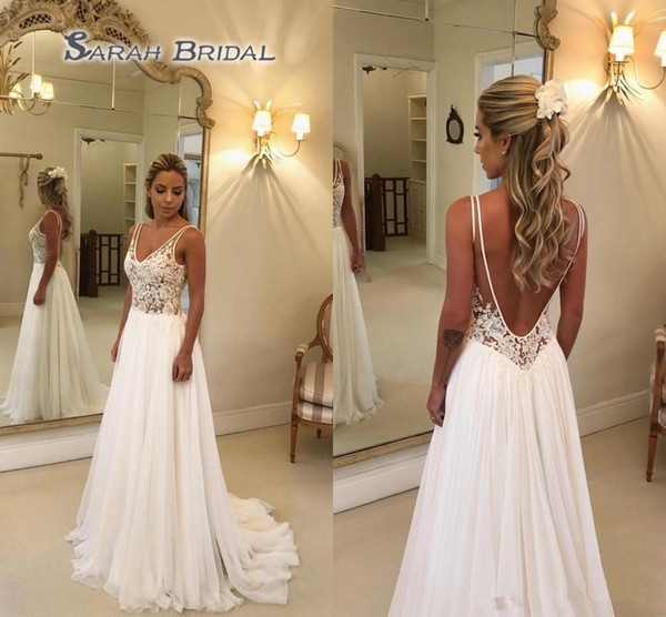 Cheap Beach Wedding Dresses Lace Appliqued V Neck A Line Sexy Backless Boho Wedding Dress Sweep Train Custom Garden Bridal Gowns