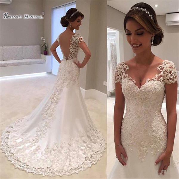 Vintage Lace Mermaid Wedding Dress V Neck Short Sleeves Backless Bridal Gown Vestido De Noiva Casamento Mariag