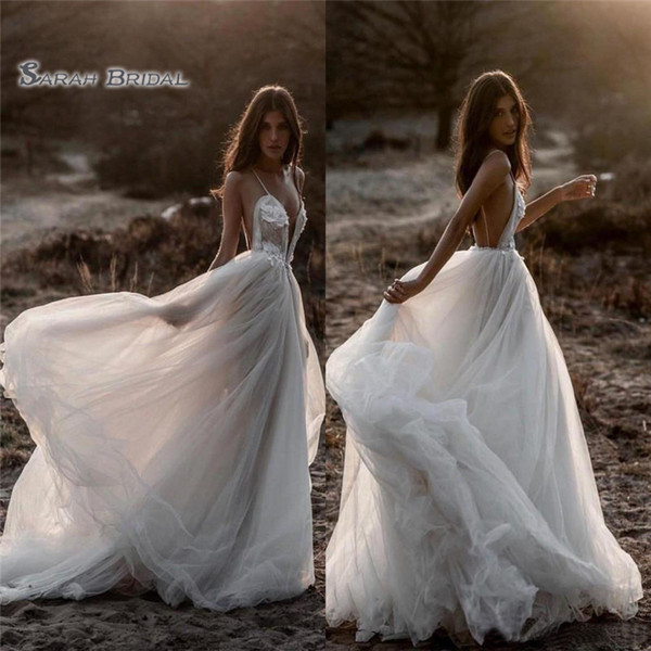 Beach A-line Wedding Dresses With Spaghetti Sexy Backless Tulle Bridal Gowns Bohemian Vestido De Novia