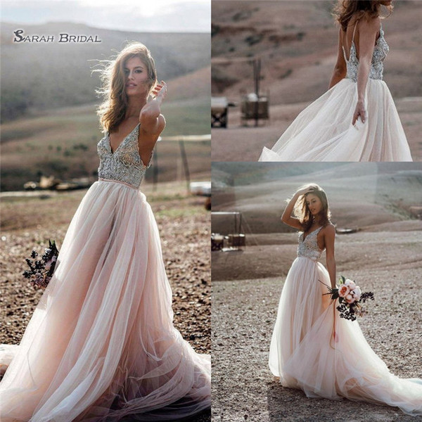 Chic Bohemia Beach A Line Party Gown Wedding Dresses Backless Crystals Country Bridal Gowns Boho Vestido De Novia