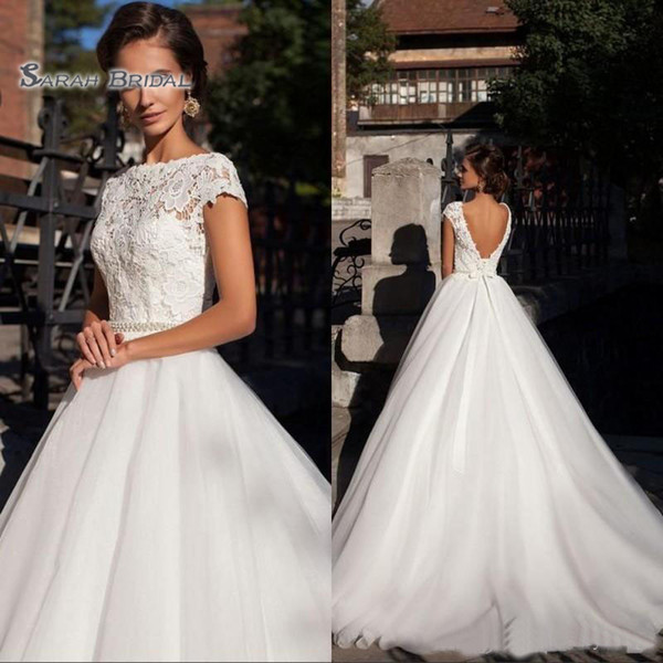 Vintage White A-line Wedding Dresses With Beaded Around and Short Sleeves Plus Size Bridal Gowns