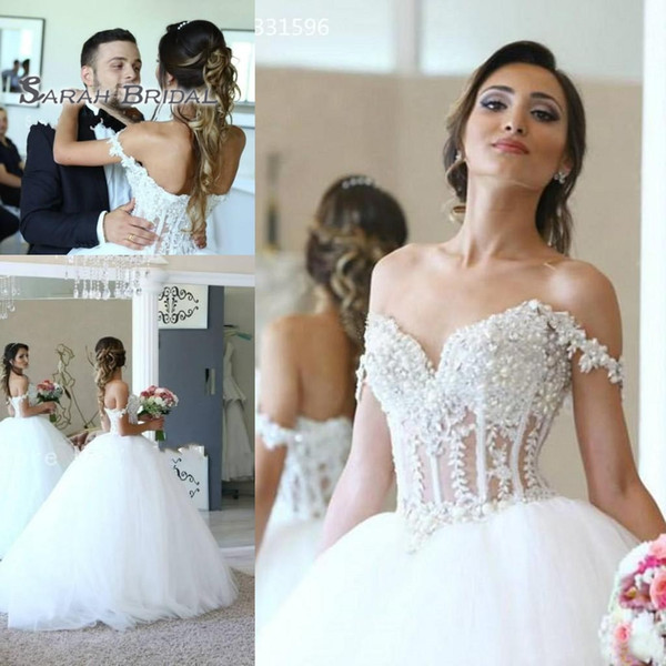 Luxury Plus Size Wedding Dresses Lace Appliques Bridal Ball Gown Sheer Bodice Bride Party Wear Beaded Off Shoulder