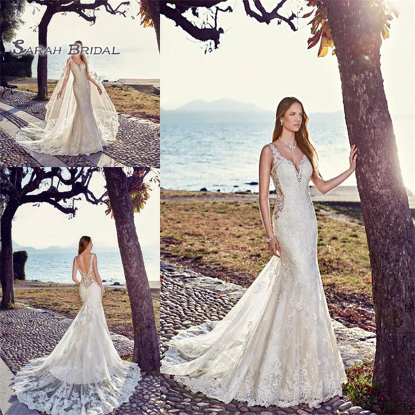 Exquisite Long Mermaid Bridal Dresses With Deep V-Neck and Backless Summer Beach Bridal Wedding Gowns