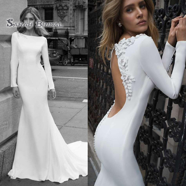 White Sexy Mermaid Wedding Dresses Lopng Sleeves Backless Bridal Gowns Plus Size robes de mariée Elegant Appliques