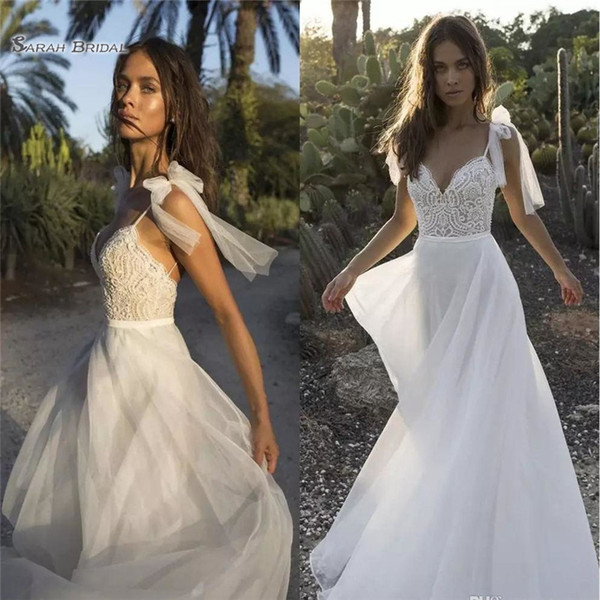 Boho A Line Wedding Dresses Spaghetti Straps Lace Applique Beach Bridal Dress Bride Gowns robe de marriage