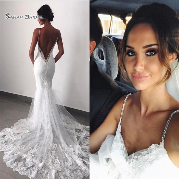 Sexy Lace Mermaid Wedding Dresses Spaghetti Straps Appliques Tulle Backless Bridal Dresses African Bridal Gowns Boho Wedding Gowns