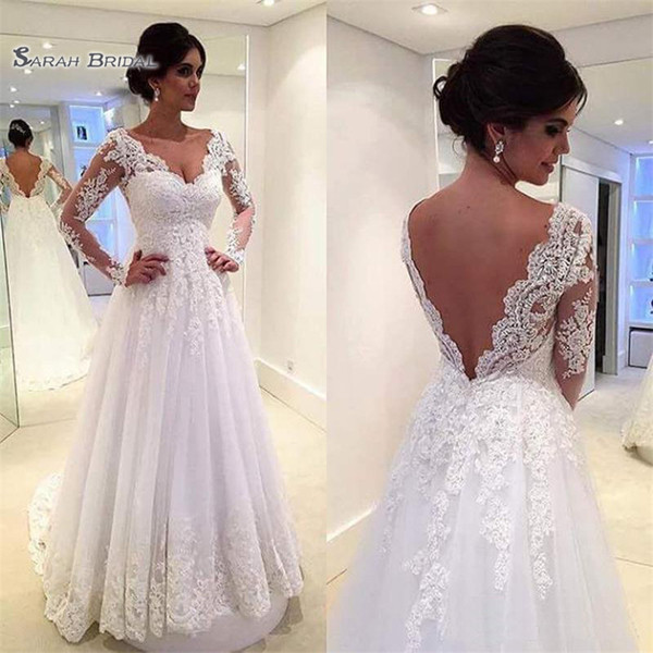 Vintage Sexy A Line Backless V Neck Lace Wedding Dresses Long Sleeves Boho Bridal Dress Custom Made Vestidos De Novia