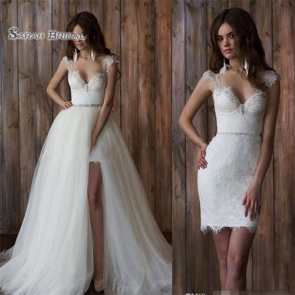 Short Sheath Bridal Wedding Dress With Long Detachable Tulle Skirt and Sexy Backless Bride Dress Wedding