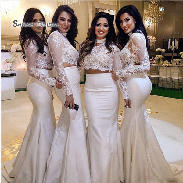 Sexy Two Piece Appliques Long Sleeves Mermaid Bridesmaid Party Wear Maid of Honor Dress robes de soirée