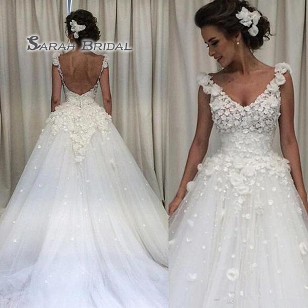 Sexy A-Line Wedding Dresses V-Neck Backless Cap Sleeve With Hand Made Flowers Bridal Gowns Vestido De Novia