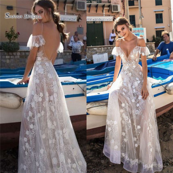 Sexy A Line Beach Wedding Dresses V Neck Backless Boho Lace Appliques Illusion Bohemian Tulle Bride Dress