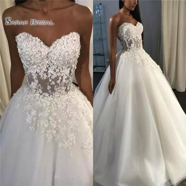 Cheap Sexy Sweetheart A Line Wedding Dresses Appliques Lace Up Sweep Train robes de mariée