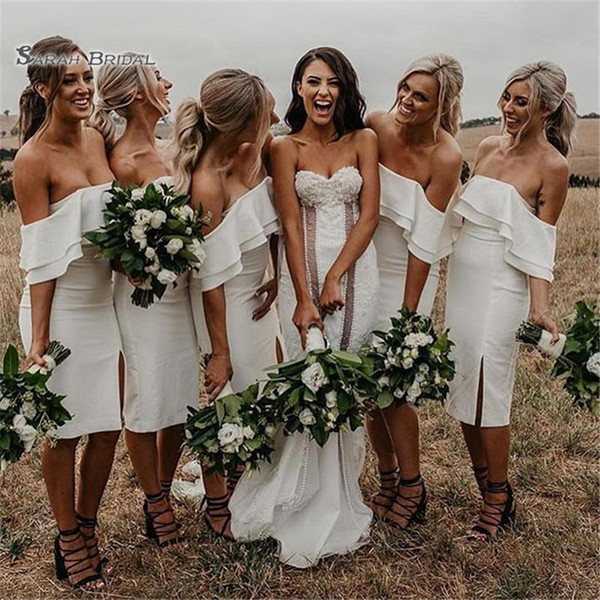 Simple Pure White Sheath Bridesmaid Dresses With Knee Length Maid of Honor Vestido De Novia