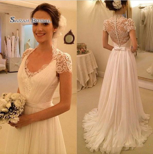 V-neck Lace Beach Chiffon Wedding Dresses Short Sleeves Pleated Plus Size Wedding Gowns Summer Vestidos De Novia