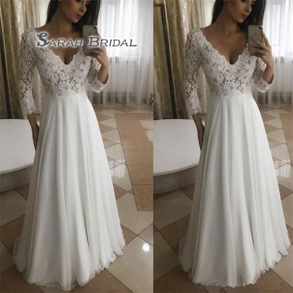 New Arrival Simple A Line Long Wedding Dresses Deep V Neck Lace Chiffon Floor Length Long Sleeve Formal Wedding Dress Bridal Gowns