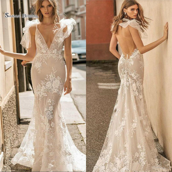 Modest Mermaid Wedding Dresses Deep V Neck Sexy Backless Backless Beach Bridal Gowns Bohiman Plus Size Bride Wear