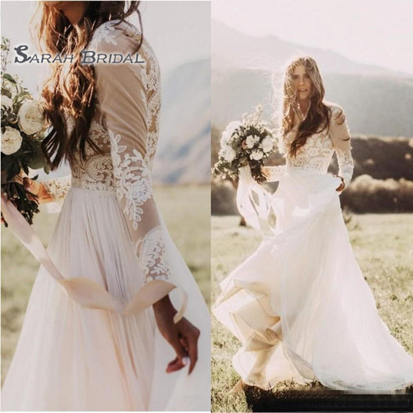 Vintage Simple A-Line White Wedding Dress Beach Long Sleeves Backless Evening Wear Formal Gown High-end Wedding Boutique