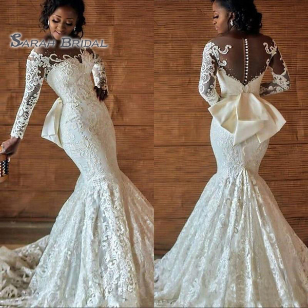 Vintage Long White Lace Mermaid Bride Dress with Bow Sexy Evening Wear Formal Gown High-end Wedding Boutique