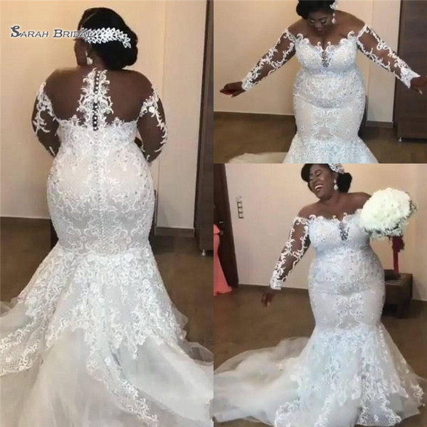 African Mermaid Wedding Dress Sheer Neck White Sexy Black Girls Lace Appliques Long Sleeves Plus Size Bridal Dresses