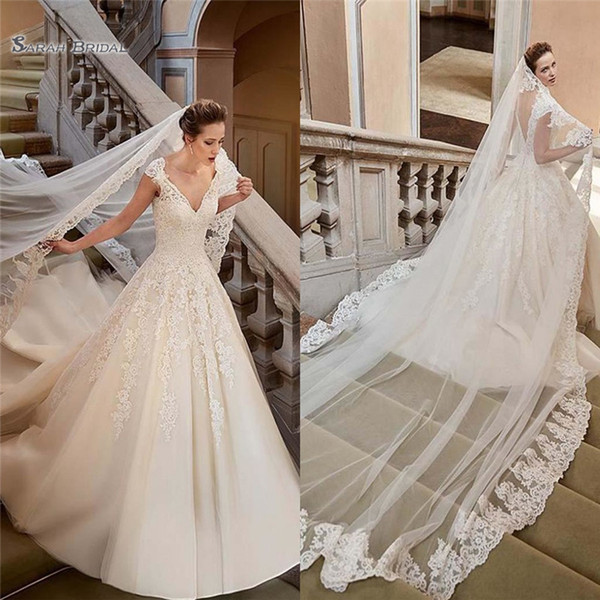 Vintage A Line Wedding Dresses V Neck Backless Lace Appliques Tulle Beach Bridal Dress Elegant Formal Party Gown