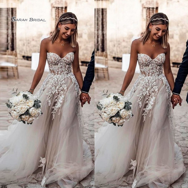 Sweetheart Tulle Bride Dress Sweep Train Appliques Sleeveless A-line Wedding Bridal Gown High-end Wedding Boutique