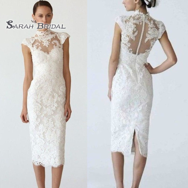 Simple Tea Length Sheath Short Bride Dress Full Lace Sexy Backless Beach Evening Wear Formal Gown High-end Wedding Boutique