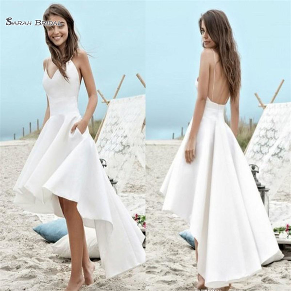 Cheap Beach Boho A Line Wedding Dresses High Low Pockets Backless Short Bride Dress Spaghetti Straps Party Gowns Bohimian Style