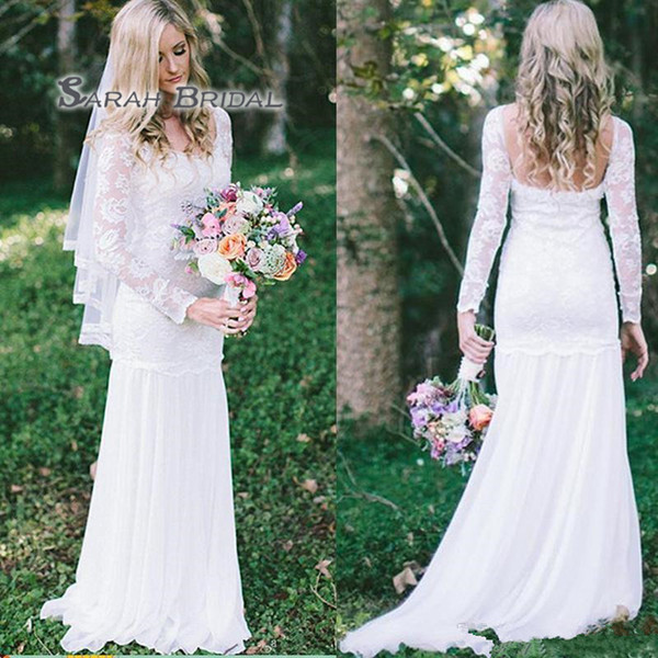 Elegant Scoop Lace Mermaid Wedding Dress Long Sleeve Backless Long Country Wedding Dresses Vestido De Novia