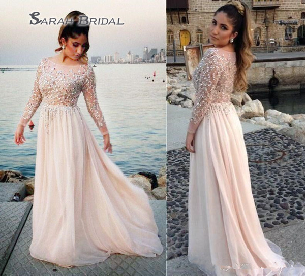 Sexy Illusion Beaded Beach Boho Wedding Dresses Long Sleeve Glitter Sequins Appliques Scoop Neck Cheap Chiffon Bridal Gowns Plus Size