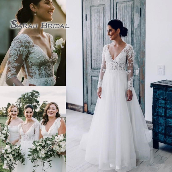 Spring Summer Garden Wedding Dresses Deep V Neck Sheer Long Sleeves with Appliques Beads Sequins Boho Bridal Gowns Plus Size