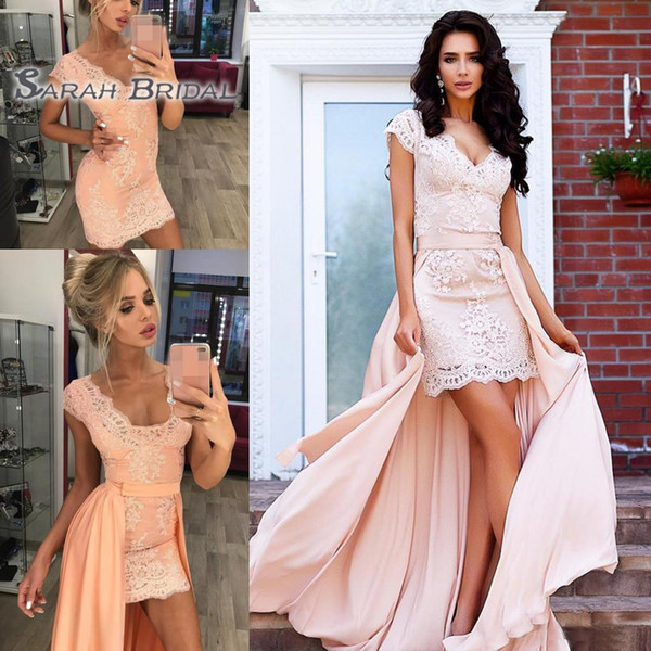 Gorgeous Lace Short Prom Dresses with Detachable Train Cap Sleeves V Neck Cocktail Party Dress Cheap Zipper Back Sexy Homecoming Gowns