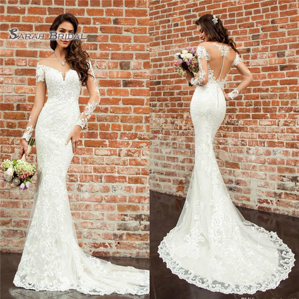 Sexy Mermaid Wedding Dresses With Long Sleeve Jewel Neck Buttons Back Bridal Wedding Dress Custom Made