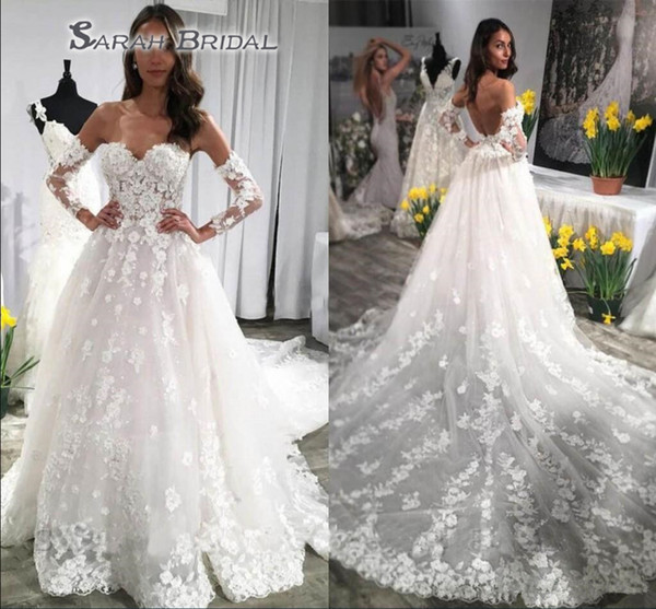 Off-Shoulder Appliques Lace Wedding Dresses With Long Sleeves Open Back Bridal Dresess Plus Size Court Train A Line Formal Wedding Gowns
