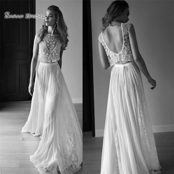 A-line Two Piece Wedding Dresses Beads Chiffon Soft Beach Boho Bohemian Bride Gown robe de marriage