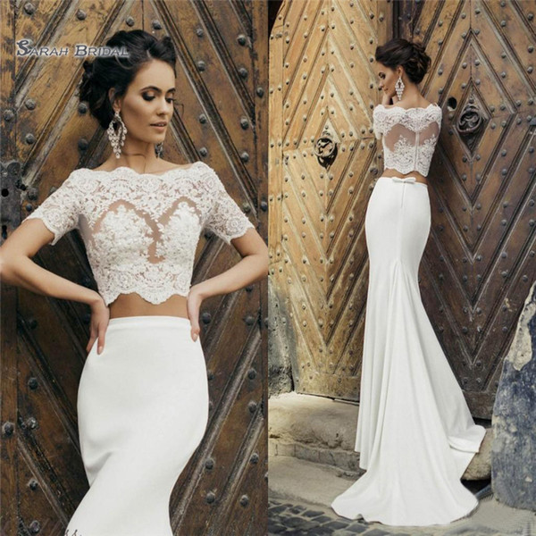 Newest Mermaid Wedding Dresses Short Sleeves Appliques Satin Two Piece Wedding Dresses Beach Bridal Dresses