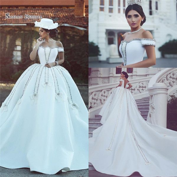 High Quality White Ball Gown Crystal Wedding Dresses Off Shoulder Backless Long Satin Train Custom Made Church Bridal Gowns