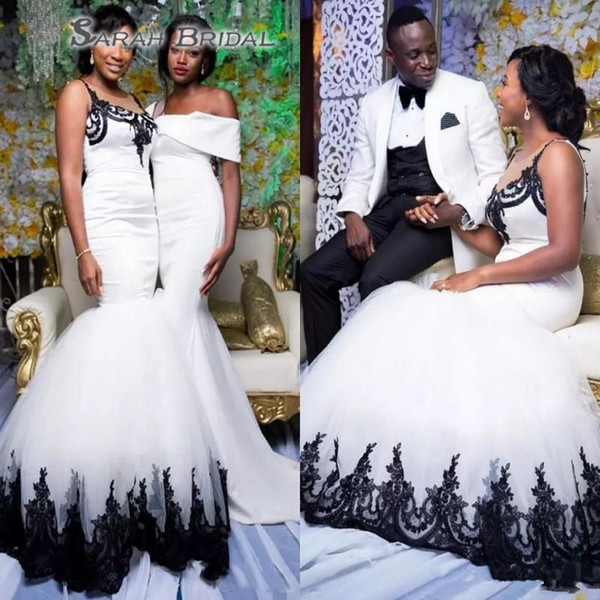 African Mermaid Wedding Dresses Long Sheer Neckline Black Lace Appliques Plus Size Wedding Dress Satin And Tulle Bridal Gowns Vestidos