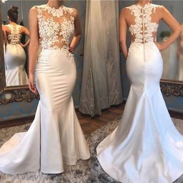 White Sexy High Neck Sexy Appliques Mermaid Sleeveless Boutique Wedding Dress Lace Sheer Bodice Bridal Wear