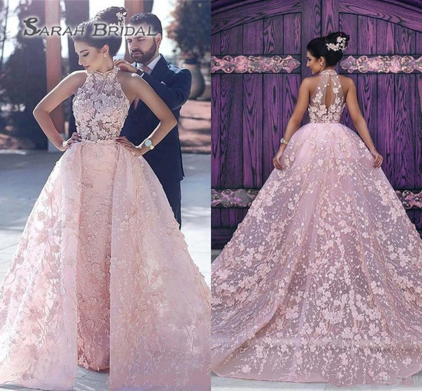 Sexy Pink A Line Wedding Dresses High Neck Illusion Lace Appliques 3D Floral Flowers Ball Gown Overskirts Plus Size Formal Bridal Gowns