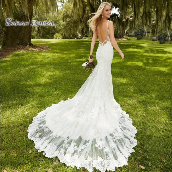 White Sexy Beach Mermaid Wedding Dresses Sleeveless Lace Backless Spaghetti Bridal Gowns Plus Size robes de mariée