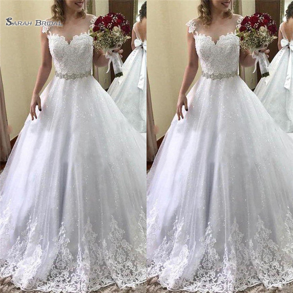 Luxury A Line Wedding Dresses Beaded Sash Lace Appliques Sequined Sheer Neck Backless Tulle Bridal Dress Vintage Ball Gown