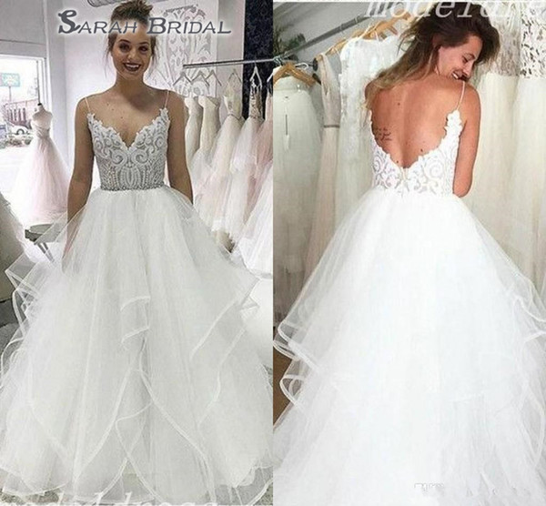 Charming Wedding Dresses Spaghetti Backless Lace Cascading Ruffles Garden Country Beach A Line Bridal Gowns abiti da sposa Cheap