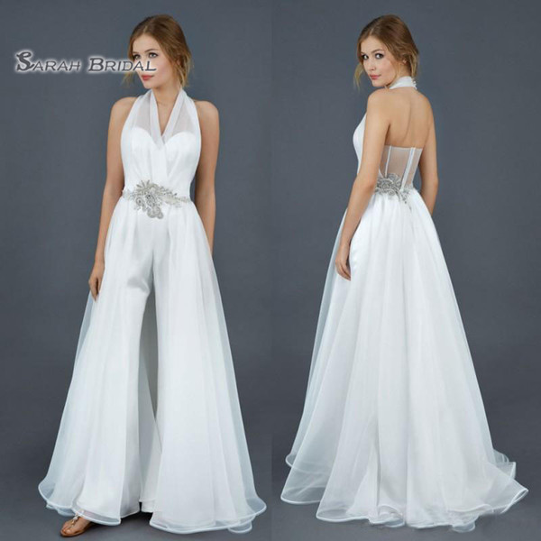 White Halter Sheath Wedding Dress Boho Country Bride Gown Crystal Bridal Suits Robe de Mariage