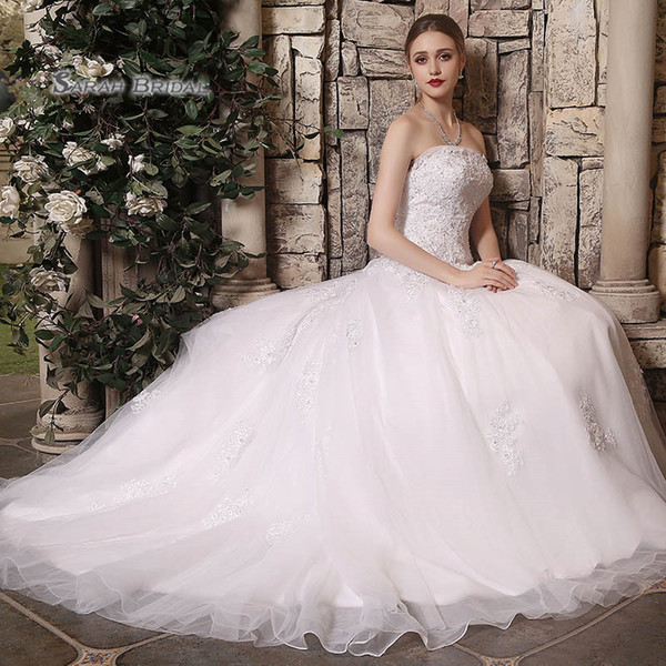 Long White Elegant A-line Crystals Sleeveless Lace Strapless Vintage Tulle Bride Ball Gown Wedding Bridal Wear 3905