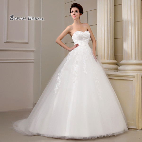 Gorgeous Sweetheart Lace Up With Handmade Appliques Sweep Train Sleevless Tulle Wedding Bridal Gowns J001A