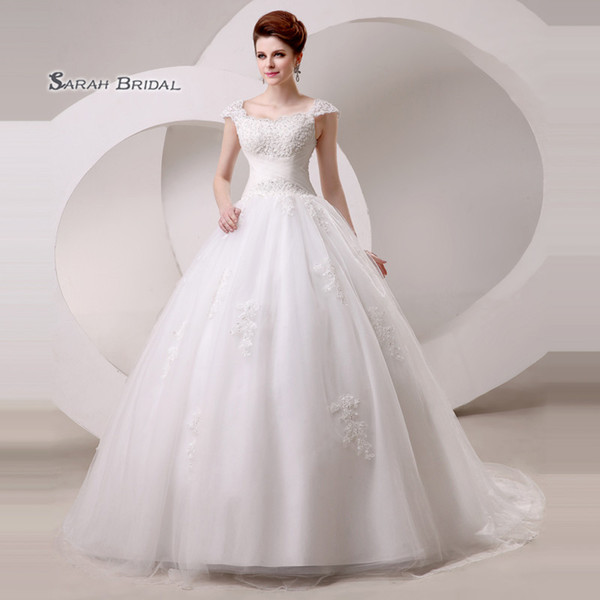 Gorgeous With Cap Sleeves Sweetheart Lace Up Appliques Sweep Train Sleevless Tulle Wedding Bridal Gowns L001